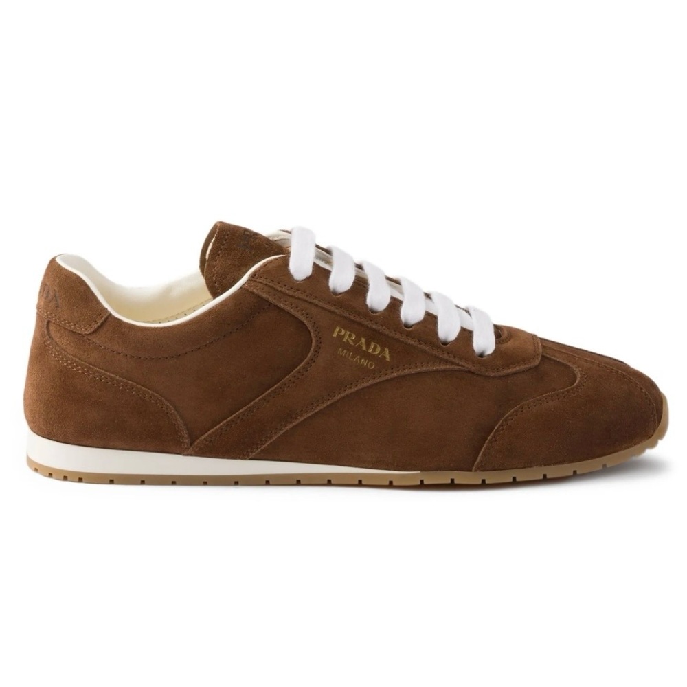 PRADA Cocoa Brown Suede Leather Sneakers - Picture 2 of 5